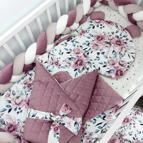 Warkocz do łóżeczka PREMIUM- velvet: róż mulbery, biały, jasny róż