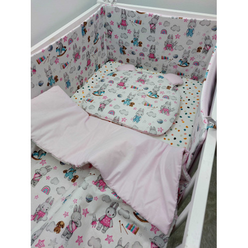 Ochraniacz do łóżeczka- króliczki/ bawełna jasny róż