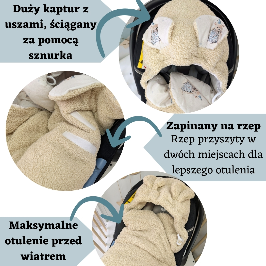 Otulacz do fotelika PREMIUM- BOUCLE BARANEK- Cyrkowe Misie/piaskowy