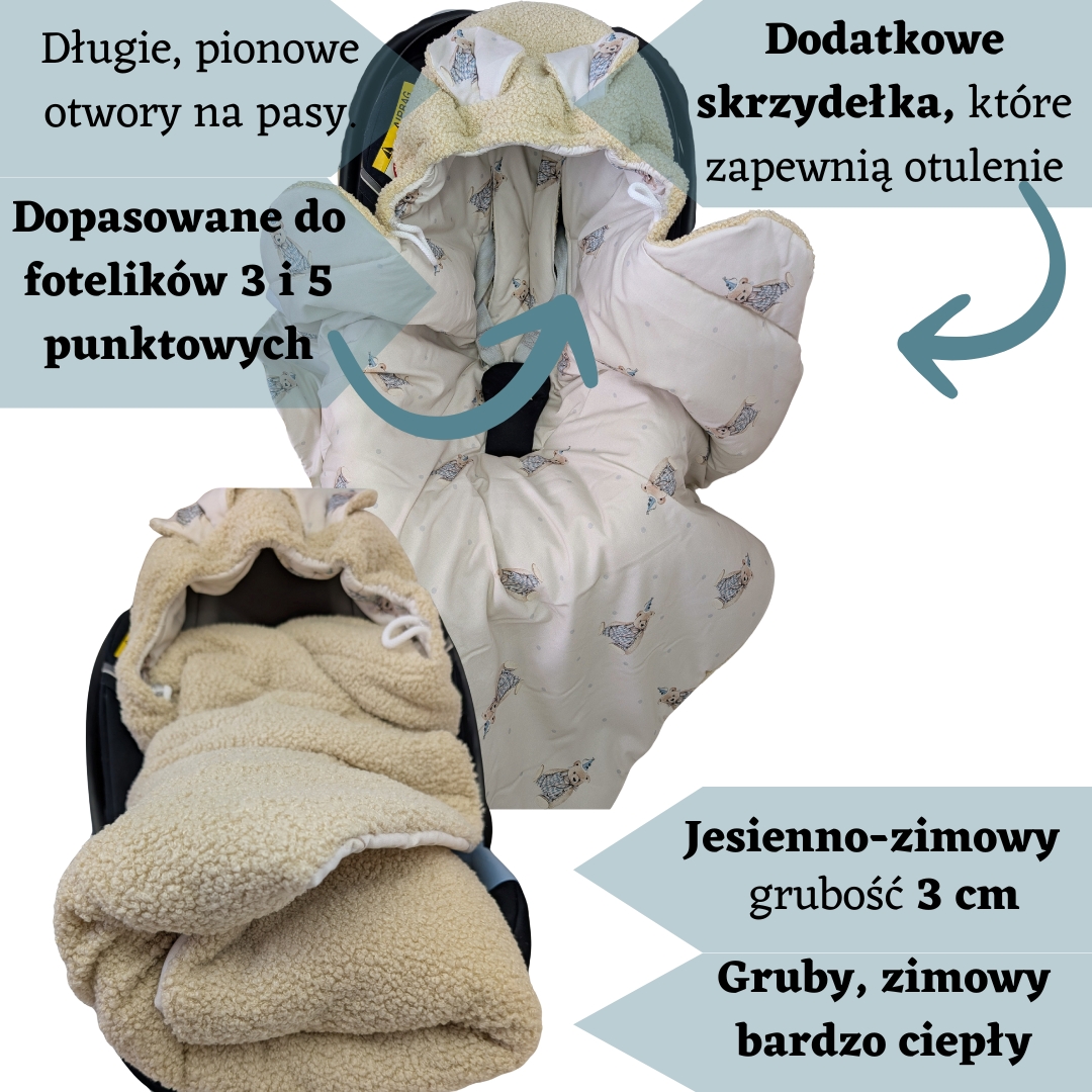 Otulacz do fotelika PREMIUM- BOUCLE BARANEK- Cyrkowe Misie/piaskowy
