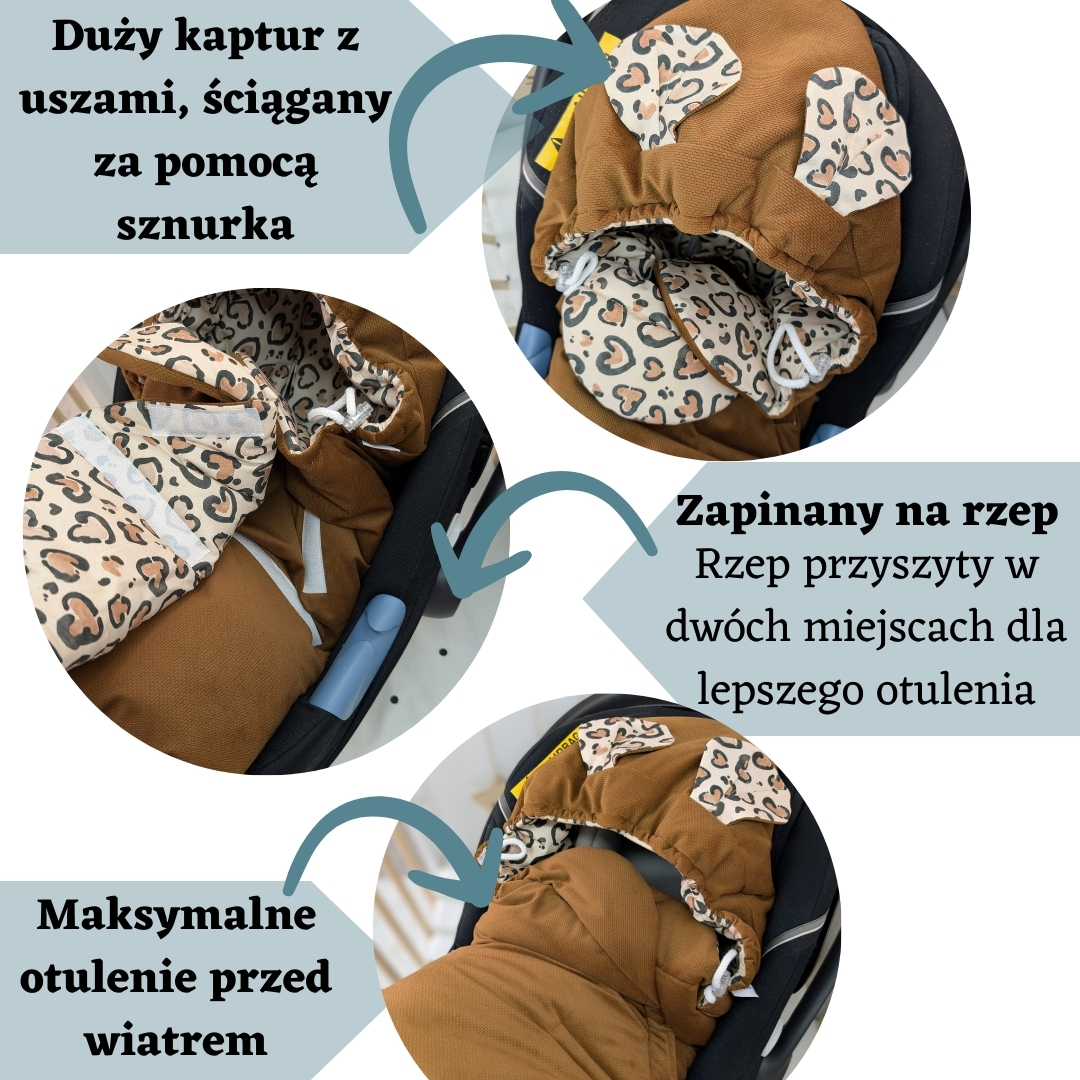 Otulacz do fotelika PREMIUM- Panterka beżowa/velvet gładki brąz