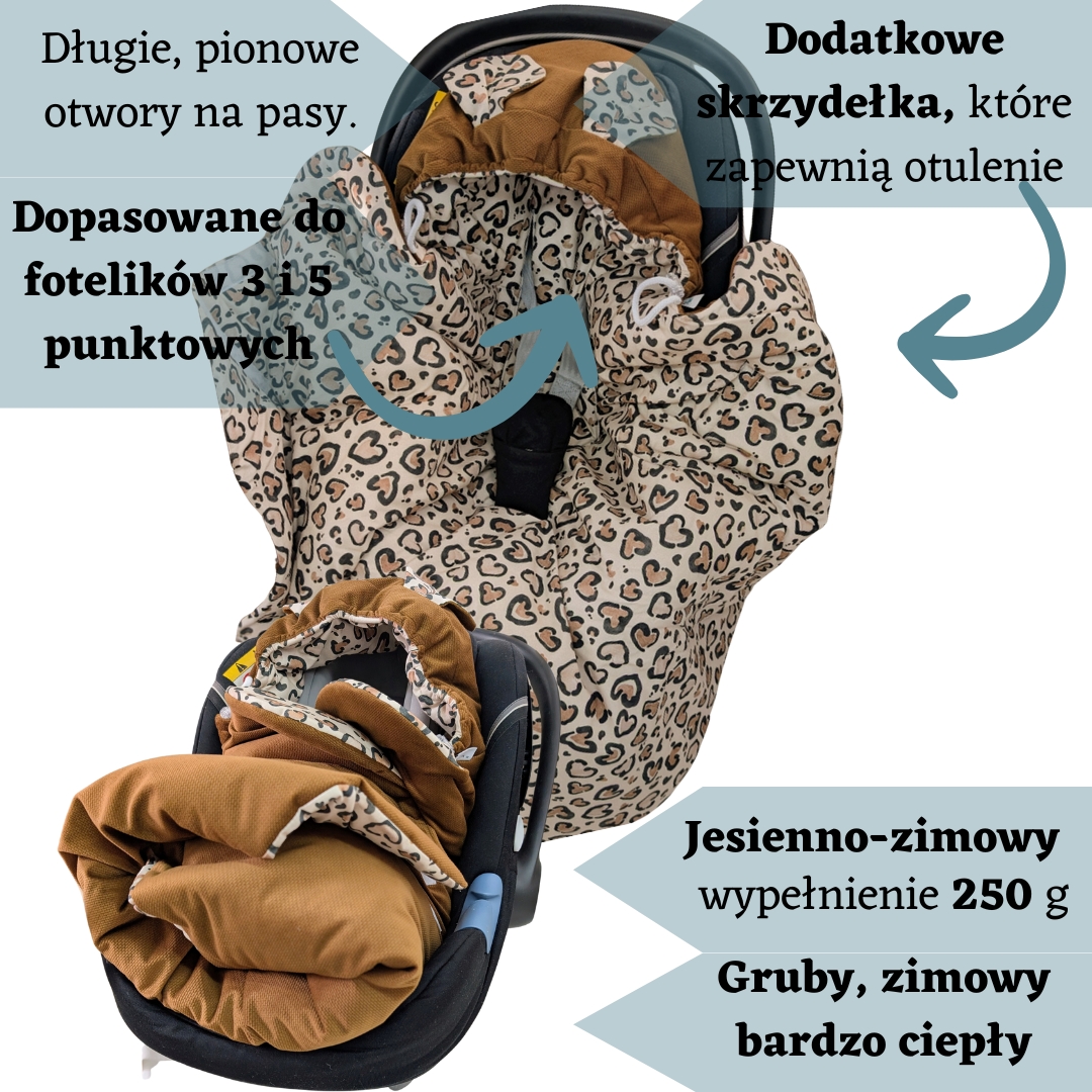 Otulacz do fotelika PREMIUM- Panterka beżowa/velvet gładki brąz